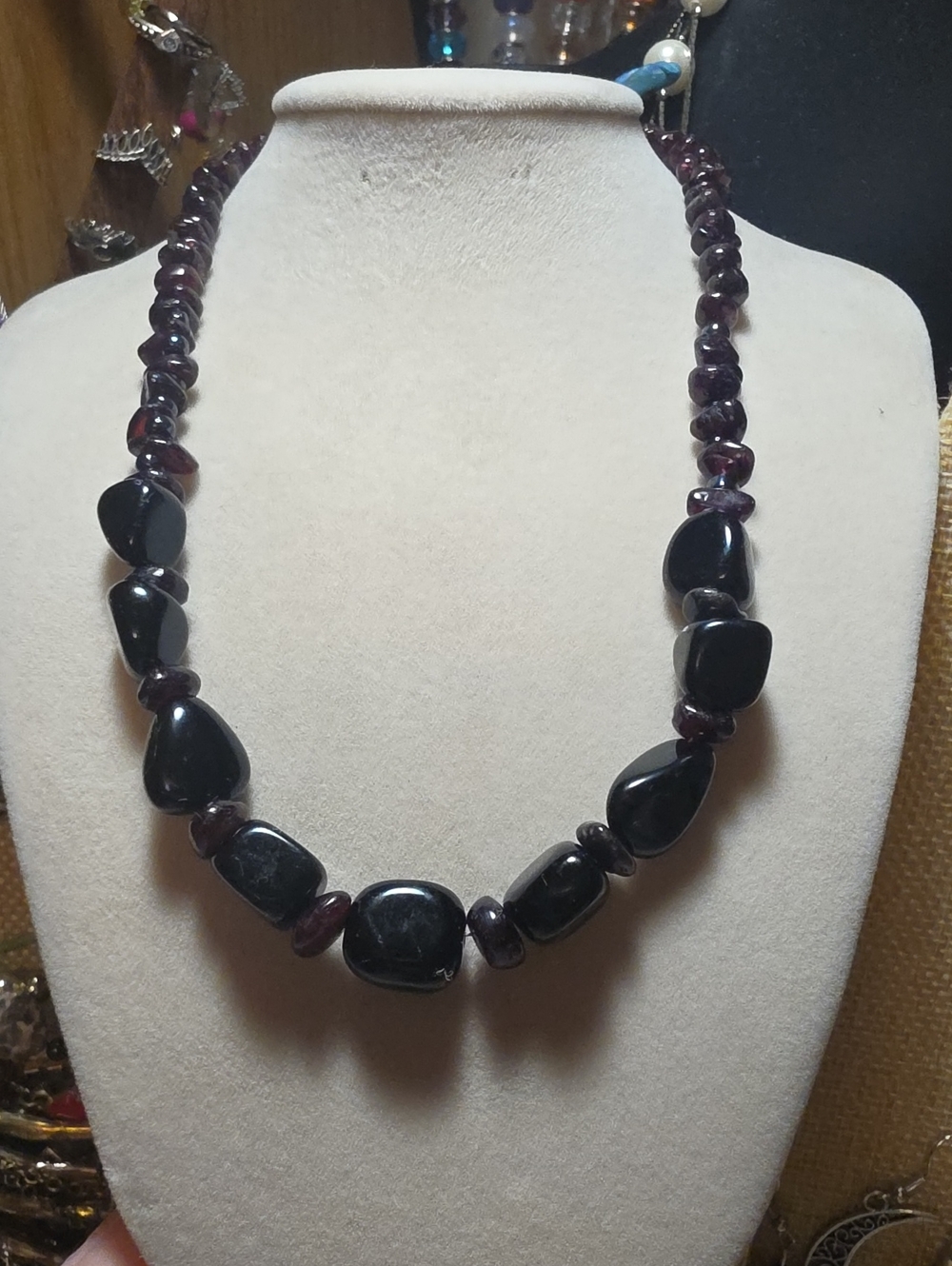 Classic Black Obsidian And Garnet Beaded Necklace